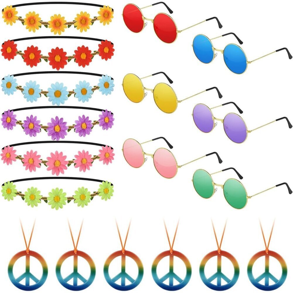18Pcs Hippie Costume Accessories Set 60s 70s Peace Sign Daisy Headband Sunglasse